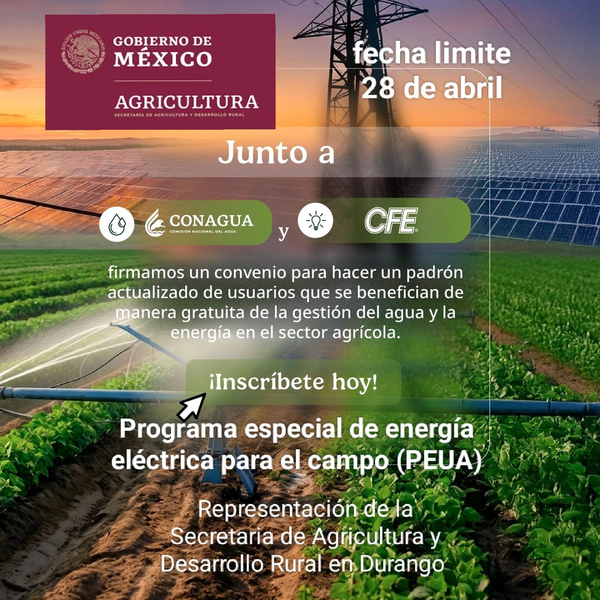 Amigo Productor, acude cuanto antes a la inscripción y reinscripción del programa de cuota energetica para el campo PEUA, no te quedes fuera y recibe el subsidio hasta el 95% de apoyo en los riegos agrícolas FECHA LIMITE 28 DE ABRIL 2026 <a href="/GobiernoMX/">Gobierno de México</a> 
<a href="/JulioBerdegue/">Julio Berdegué</a> <a href="/ismaelayala7/">Ismael Ayala Salazar</a>