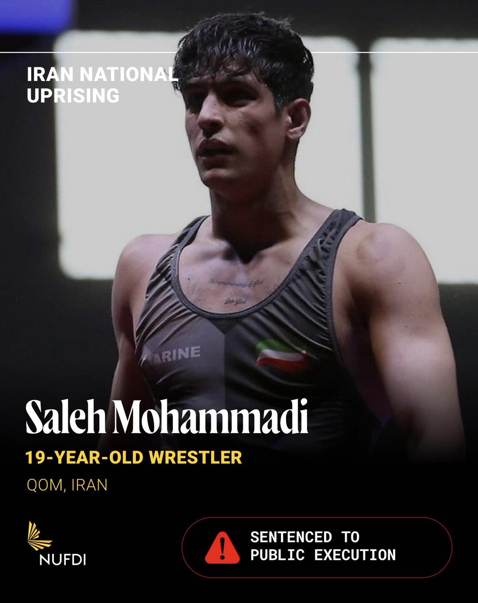 Saleh Mohammadi is just 19. A national wrestling champion, a young man with a bright future.

He was arrested during protests. Today, he was sentenced to public execution.

Another sham "trial" to silence Iran's strongest and bravest.

This regime is pure weakness. SAVE SALEH.