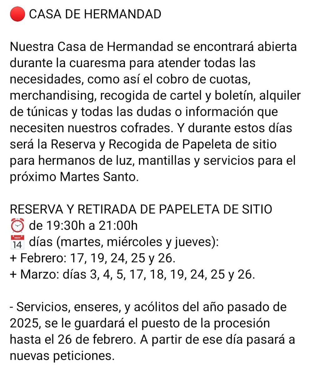 🔴 CASA DE HERMANDAD
Nuestra Casa de Hdad se encontrará abierta durante la cuaresma para atender a nuestros cofrades para: cobro de cuotas, merchandising, recogida de cartel y boletín, alquiler de túnicas, reserva y recogida de Papeleta de sitio para el Martes Santo.
#LaMagdalena