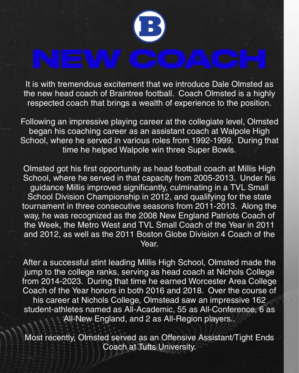 We would like to introduce our new Football Coach, Dale Olmsted