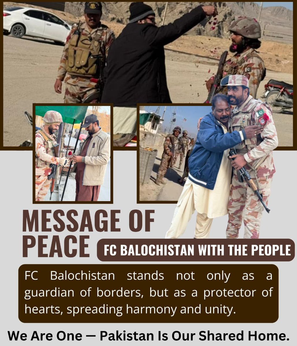 GulzaadBaloch's tweet image. Message of Peace – FC Balochistan with the People

FC Balochistan stands not only as a guardian of borders,
but as a protector of hearts, spreading harmony and unity.

#PeaceInBalochistan #FCBalochistan #MessageOfPeace #UnityAndHarmony #ServingThePeople #StrongerTogether