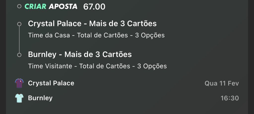 Flp__'s tweet photo. Dois times que não estão no melhor momento, Crystal está mal dentro de casa e Burnley horrível fora.
Ambos os times tem uma média de 3 a 4 cartões por jogo.
Podemos chamar um jogo horrível de faltas, o que traria cartão e um possível cash.
Vamos tentar nossa sorte hoje. 🤞🏻☘️ https://t.co/EHuaKTLWAL
