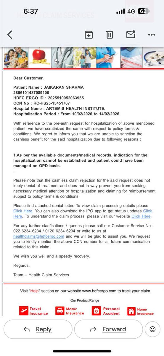 lavanyasharma05's tweet photo. @HDFCERGOGIC My brother is admitted in a reputed hospital in gurgaon for chest infection and what is being told by the company is that treatment to be done in opd basis. How can you think that a case of empyema can be treated on opd basis. Kindly help @CarebyHDFC_HL https://t.co/3Tjq5a1j5s