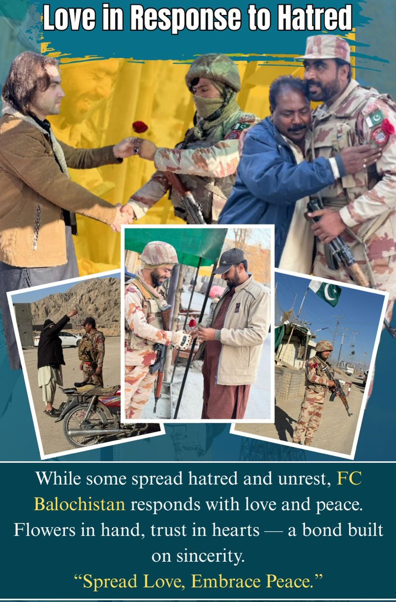 GulzaadBaloch's tweet image. Love in Response to Hatred

While some spread hatred and unrest, FC Balochistan responds with love and peace.
Flowers in hand, trust in hearts — a bond built on sincerity.

#PeaceInBalochistan #FCBalochistan #MessageOfPeace #UnityAndHarmony #ServingThePeople #StrongerTogether