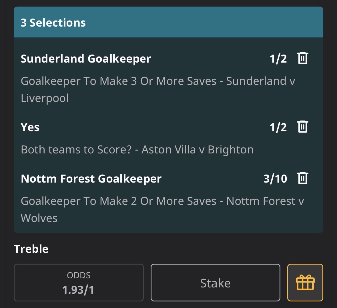 JustTheTipster_'s tweet photo. ⚽️ 2/1 TREBLE ⚽️

🧤 Sunderland 3+ saves
⚽️ BTTS in Aston Villa v Brighton 
🧤 Nottingham Forest 2+ saves

Really liking the look of this one https://t.co/d77lRuqDqm