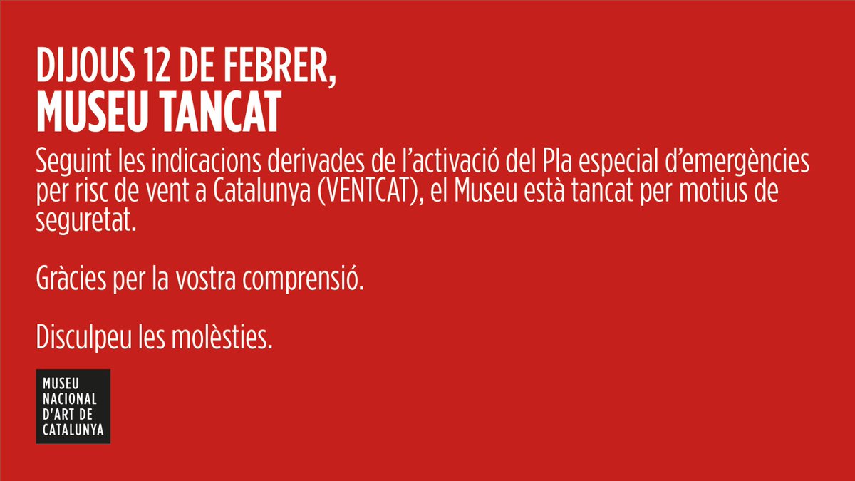 👉 Seguint les indicacions derivades de l'activació del Pla especial d'emergències per risc de vent a Catalunya (VENTCAT), el Museu estarà tancat per motius de seguretat dijous 12 de febrer.

Gràcies per la vostra comprensió. Disculpeu les molèsties.