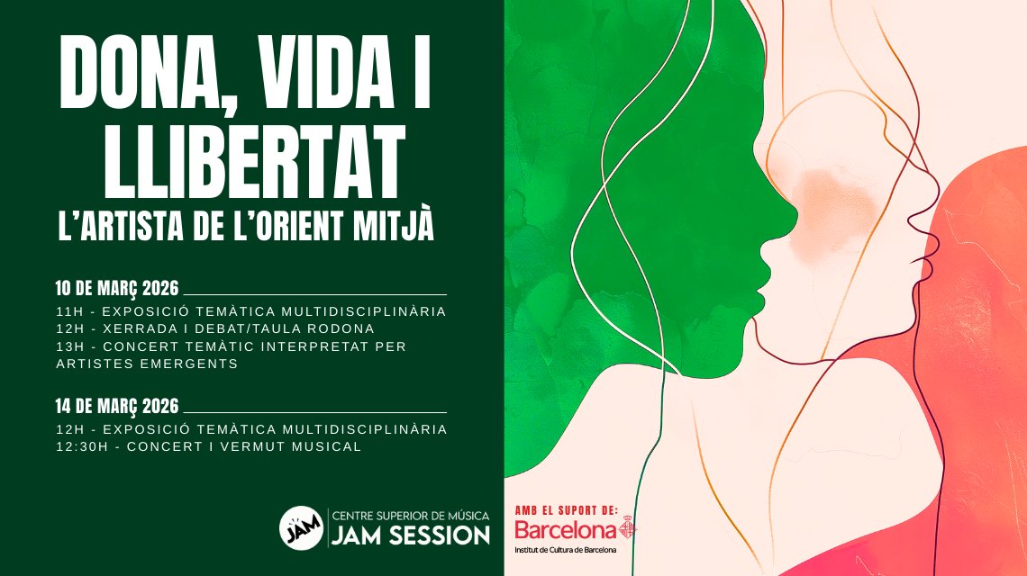 🙋‍♀️ Como cada año, Jam Session colabora en el 8M – Día Internacional de la Mujer.

🟣✨ Este curso hemos decidido organizar diversas actividades bajo latemática «MUJER, VIDA Y LIBERTAD: La artista de Oriente Medio».

+ INFO: jamsession.cat/actividades-8m…