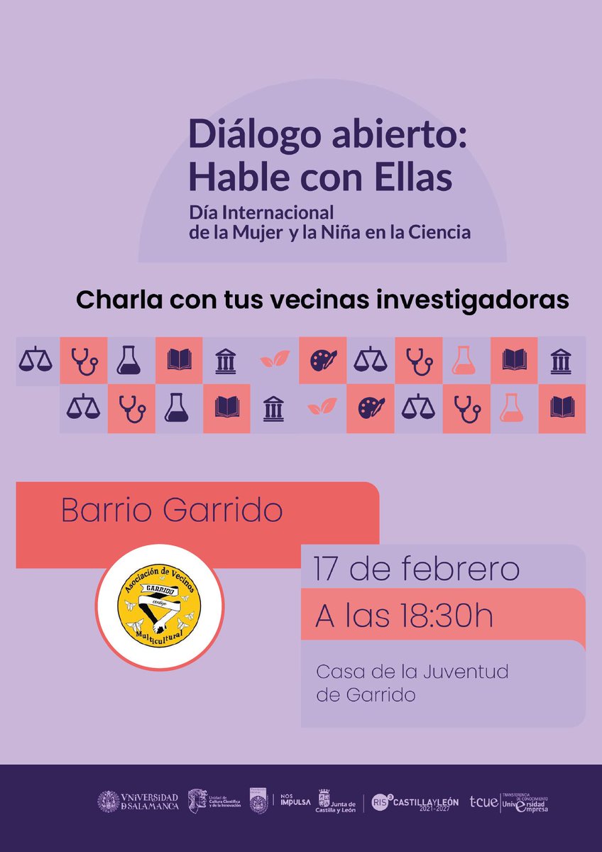 UCCiUSAL's tweet photo. ¿Te gustaría charlar con las investigadoras de la @usal que viven en Garrido? 🧵

Te proponemos "citas rápidas" para descubrir en pocos minutos en qué consiste su trabajo y qué les llevó a dedicarse a la investigación.

🗓️ Lunes 17 de febrero 
🕕 18:30h 
➡️ Público general https://t.co/FMnNkrk1vn