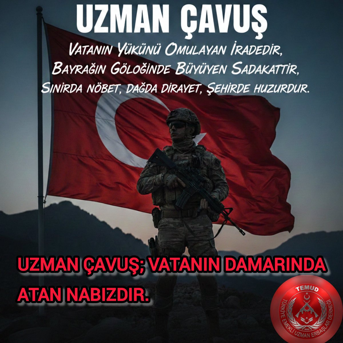 *UZMAN ÇAVUŞ*

Vatanın yükünü omuzlayan iradedir.
Bayrağın gölgesinde büyüyen sadakattir.
Sınırda nöbet, dağda dirayet, şehirde huzurdur.

Uzman Çavuş;
yalnızca bir rütbe değil,
bir milletin güvenliğe dair duasıdır.

Bayrak için can verenlerin ortak adıdır.
Şehidin emaneti,