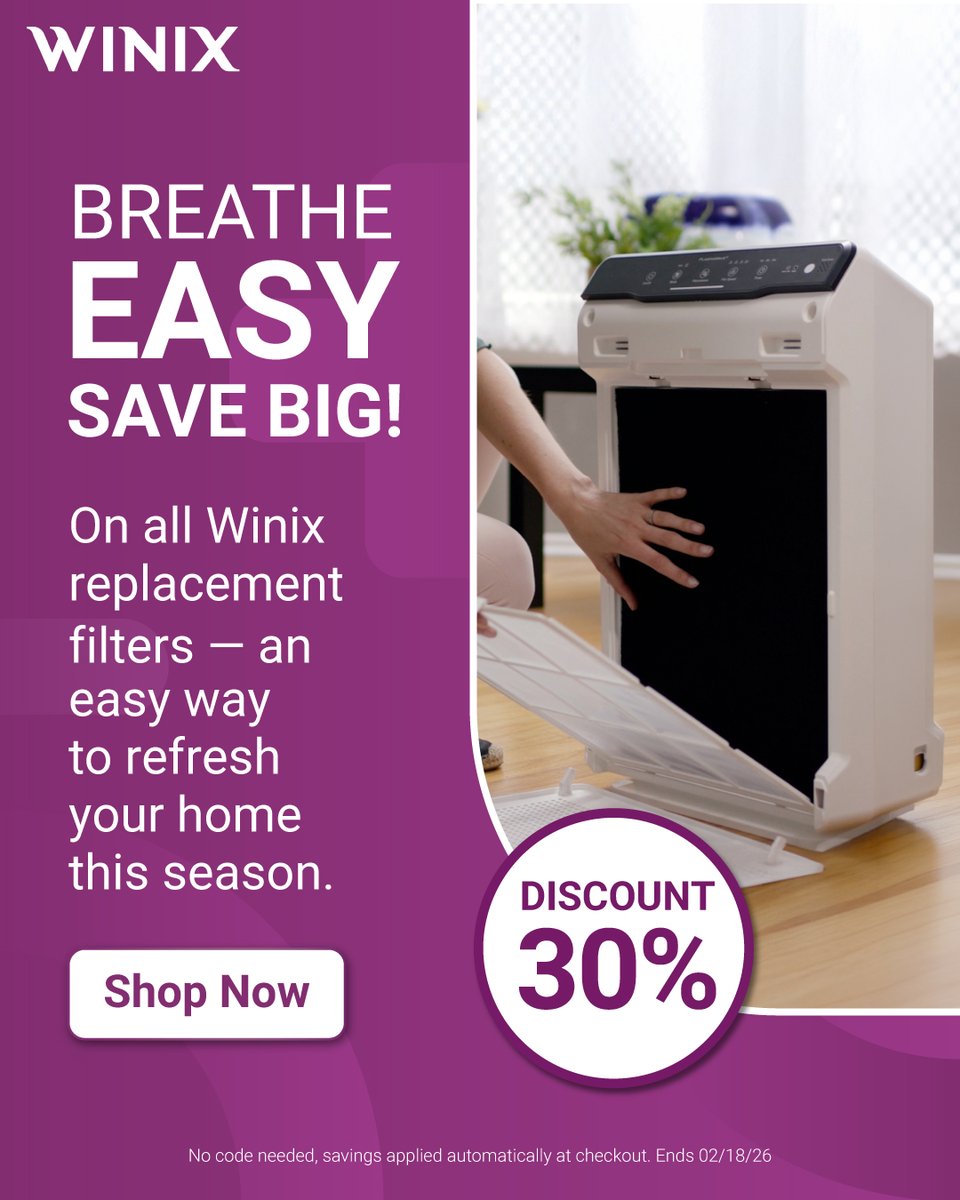 Fresh air, better savings. 🛍️✨ 

Take advantage of 30% off replacement filters, score special deals on refurbished C545 &amp; C610 air purifiers, plus savings on humidifiers.

Don’t wait — offers end 2/18!

🛒 Shop now: winixamerica.com

#BreatheBetter #WinixDeals #Sale