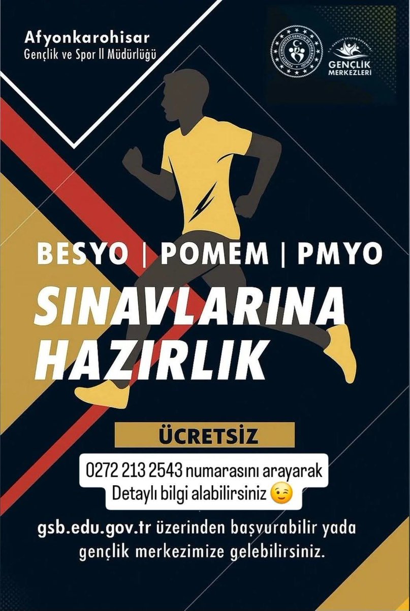 BESYO | POMEM | PMYO Sınavlarına Hazırlık 
📚 Ücretsiz hazırlık eğitimleri ile sınavlara güçlü bir şekilde hazırlan. 
👥 18-29 yaş arası gençler katılabilir.
📌 Başvuru için 👉 gsb.edu.gov.tr adresinden veya Gençlik Merkezimize gelerek bilgi alabilirsiniz.