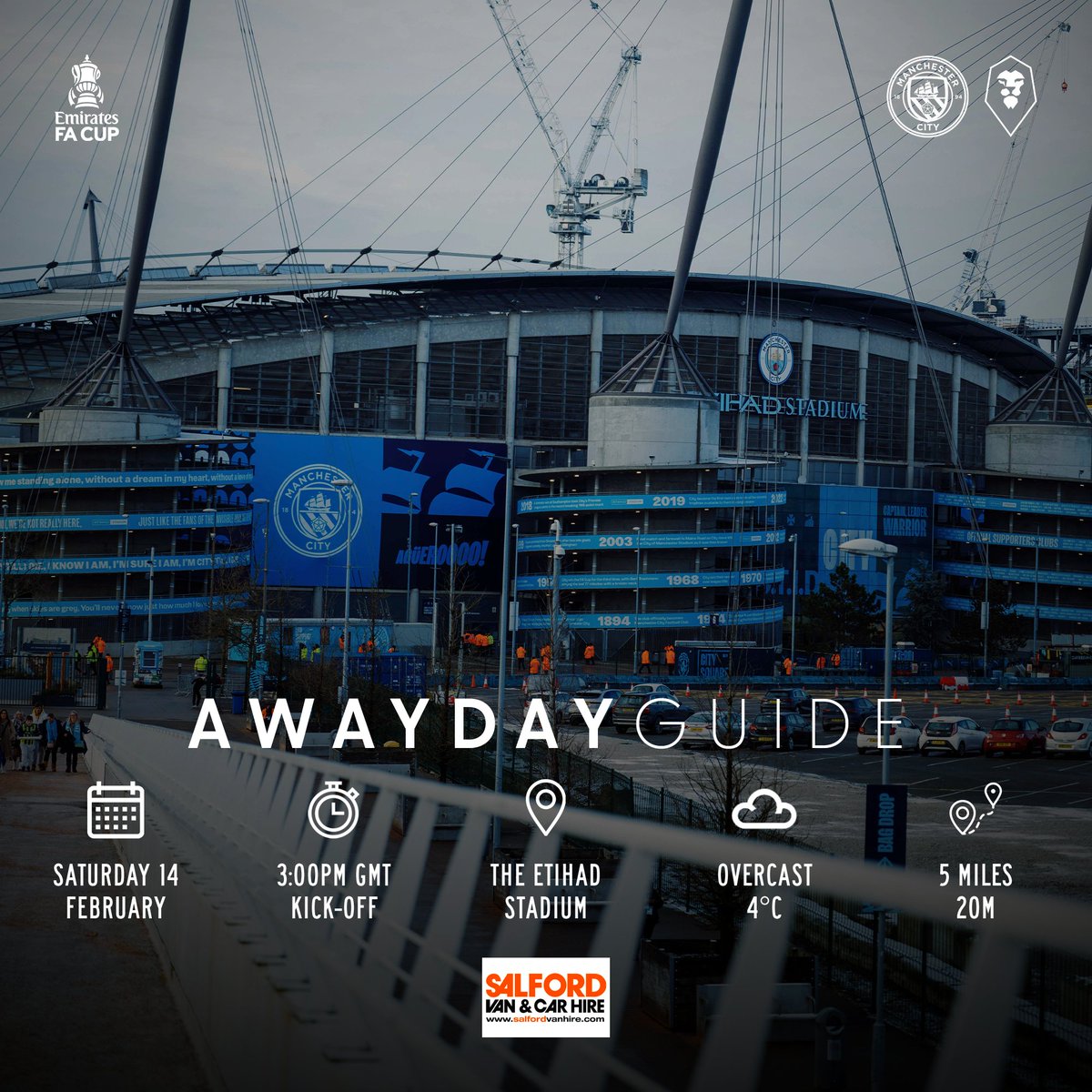 A short hop on Saturday 🗺️

Have a look through Manchester City's away fan guide, and please allow extra time at the turnstiles for security checks.

Away day information, presented by <a href="/OfficialSVH/">Salford Van Hire</a>: mancity.com/away-fan-guide