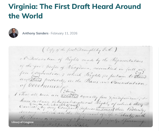 In the lead up to <a href="/IJ/">Institute for Justice</a>’s &amp; <a href="/georgemasonlaw/">Scalia Law School</a>'s Center for Law &amp; Liberty’s conference on “The Other Declarations of 1776” on April 10 we’re running blog posts on the various declarations of rights of 1776. Today the granddaddy of them all, Virginia’s! 1/