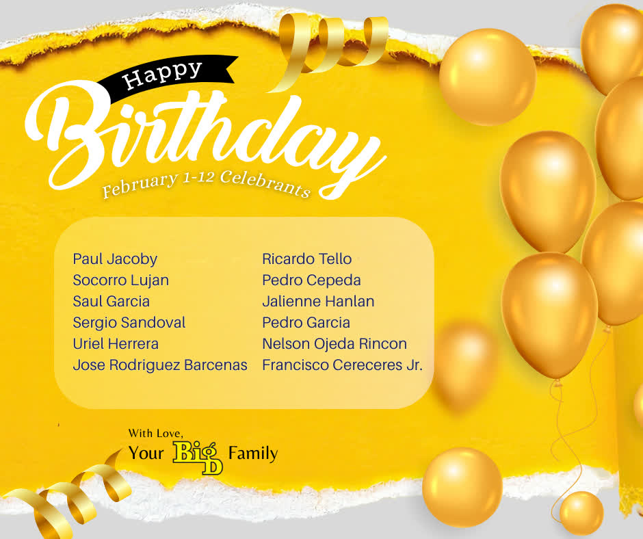 BigDCompanies's tweet photo. To our Big D team members with early-February birthdays, celebrating during the month of Valentine's, happy birthday!

We hope your birthday gives you a chance to slow down, celebrate with the people you care about, and feel the appreciation — because this team truly values you. https://t.co/pajJDfxOD0