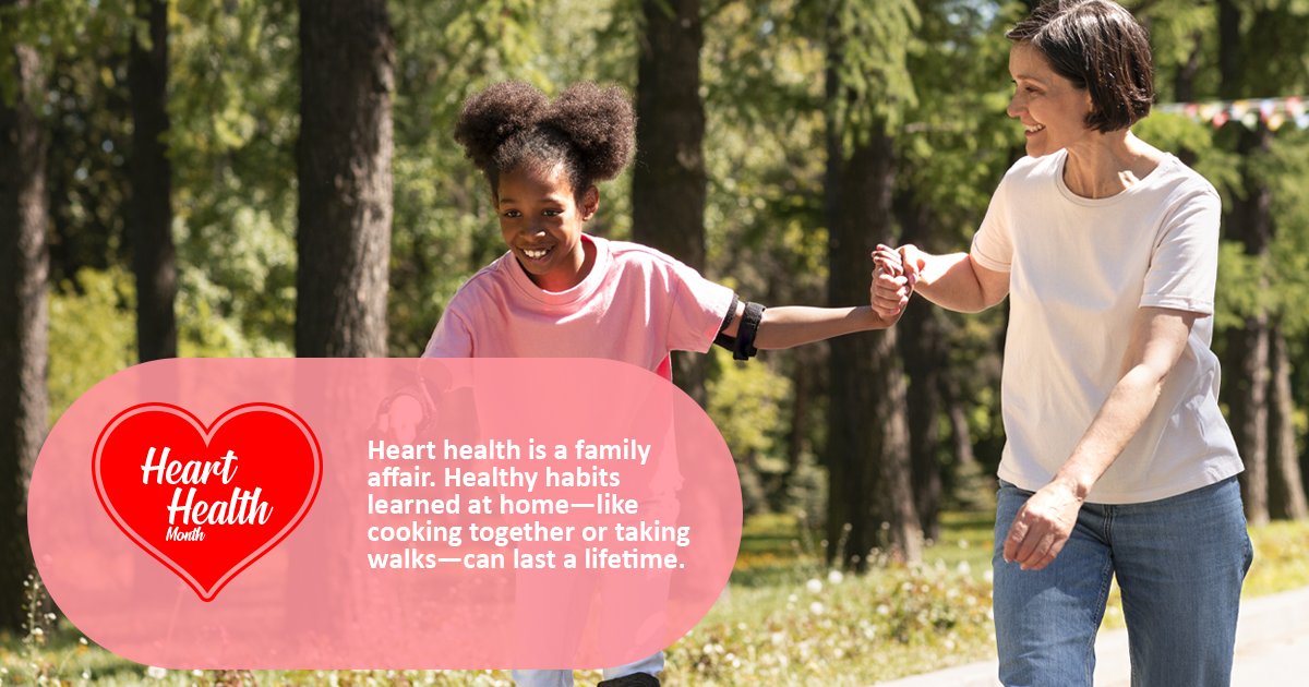 Heart health is a family affair. Healthy habits learned at home—like cooking together or taking walks—can last a lifetime. heart.org/prevent-heart-… #HeartHealthMonth