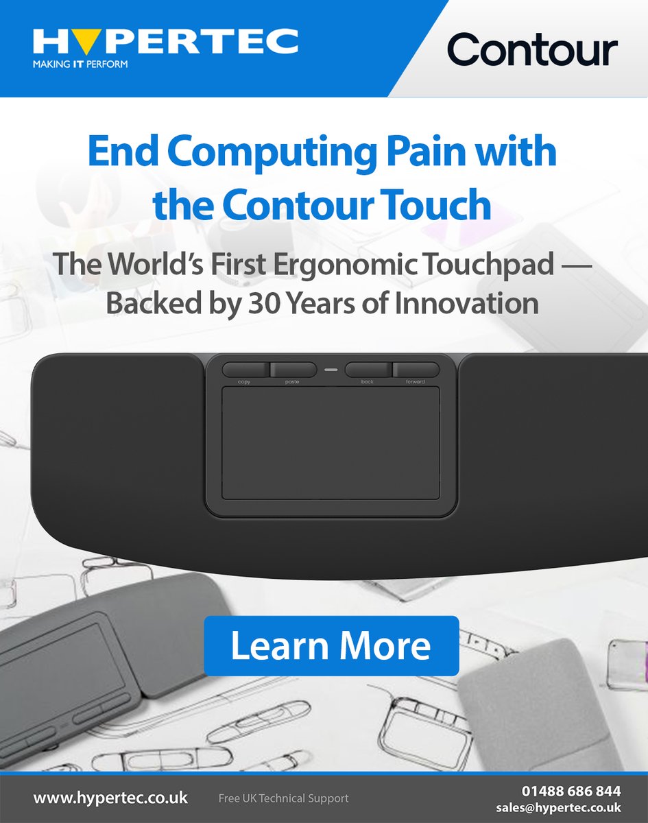 HypertecUK's tweet photo. Shoulder pain from computer use? You shouldn’t have to.
Meet Contour Touch—the world’s first ergonomic touchpad, backed by 30 years of innovation.
Order now: https://t.co/PzTqbjLnjw 👈
#HypertecLtd #Hypertec #Contour #Ergonomics #WorkplaceWellness #ContourTouch https://t.co/kG4Zipdj6D