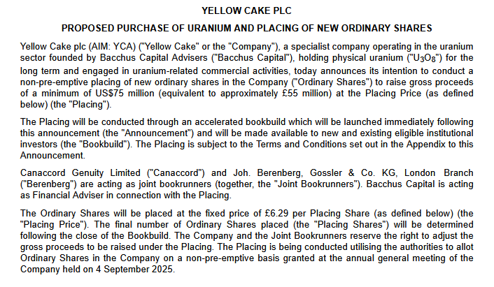 quakes99's tweet photo. Breaking!💥 UK physical #Uranium fund Yellow Cake plc $YCA is exercising its 2026 option with Kazatomprom $KAP 🇰🇿🛢️☢️🛒 raising at least US$75M at £6.29 per share to cover purchase of 1.16 Million lbs #U3O8 at $86.15/lb + further on-market purchases💰🤠🐂🏄https://t.co/KA57bOAqNk https://t.co/fjvQFnFiZ6