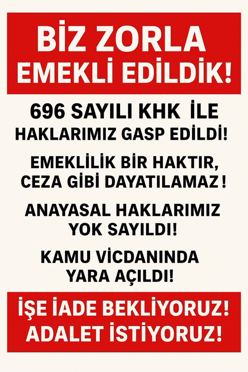 <a href="/tv5televizyonu/">TV5</a> 696 sayılı KHK'nın geçici 23. Maddesi gereğince, kendi isteği dışında Genç yaşta Zorunlu Emekli edilen Kamu işçisi YASAL Düzenleme ile İŞE İADE bekliyor <a href="/RTErdogan/">Recep Tayyip Erdoğan</a> <a href="/isikhanvedat/">Prof. Dr. Vedat Işıkhan</a> <a href="/eczozgurozel/">Özgür Özel</a> <a href="/dbdevletbahceli/">Devlet Bahçeli</a> <a href="/erbakanfatih/">Dr. Fatih Erbakan</a> <a href="/MDervisogluTR/">Müsavat Dervişoğlu</a> #ZorunluEmekliyeİşeİadeHakkı
