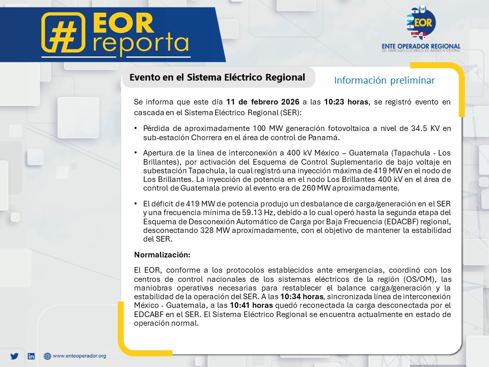 #EORreporta: Sintésis preliminar de evento ocurrido en el SER este día a las 10:23am. Más detalles, a continuación: