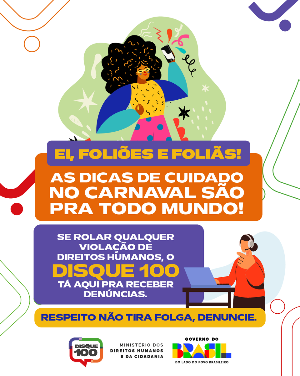 mdhcbrasil's tweet image. Tá curtindo o Carnaval e se deparou com violações de direitos contra:

🔹 Pessoas LGBTQIA+
🔹 Pessoas idosas
🔹 Crianças e adolescentes
🔹 Pessoas em situação de vulnerabilidade
#DireitosHumanos #MDHC #Disque100