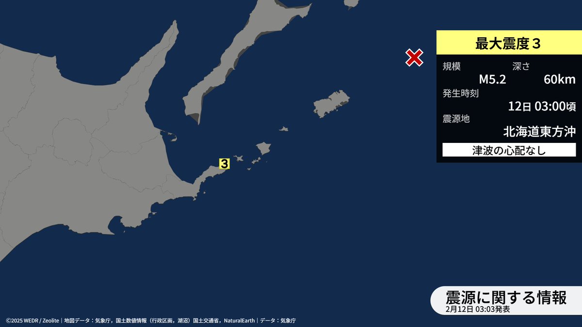 【震源に関する情報〔津波の心配なし〕】
12日03時00分ごろ、北海道東方沖を震源とする地震がありました。震源の深さは約60km、地震の規模を示すマグニチュードは、M5.2と推定されています。