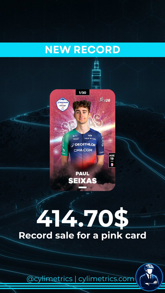 📊 KEY STATS &amp; INSIGHTS

4️⃣1️⃣4️⃣

🟣 <a href="/seixas_paul/">Paul Seixas</a> 's pink card has been sold for $414, a new record price for a pink card ! 📈🔥

📲 Play <a href="/cylimit_game/">CyLimit</a> now : app.cylimit.com/sign-in?invite…

#cycling #fantasy #procycling #TDLP #TourOfOman #TDF2026