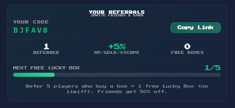 SolScapeDev's tweet image. 📯 REFERRAL SYSTEM 📯

You can share your code and give a 50% discount(Lucky Box 0.05) to new players that use your code.

And once you refer 5 People you get a free Lucky Box !

Also for each player you refer you get a PERMANENT 5% XP / GOLD / $SCAPE Boost ! (Capped at 50%)