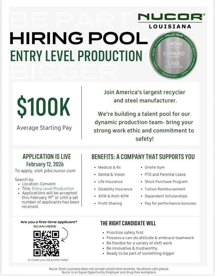 📣 Looking for a great career opportunity in @St. James Parish?

@Nucor Steel is hiring entry-level production team members — a solid opportunity to start a hands-on career with room to grow, right here in our community.

Learn more and apply today. business.riverregionchamber.org/job-board/Deta…