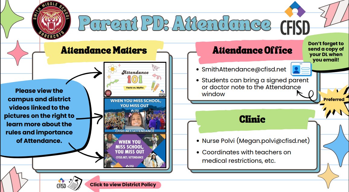Smith_CFISD's tweet photo. Please take a moment to view our Attendance 101 parent newsletter and learn how you can be a proud Sabercat Champion for your student’s success! https://t.co/zO6qBy0Do6
#SabercatStrong #CFISD #ShowUpAndWin #AttendanceMatters @CyFairISD  @CFISDStServices https://t.co/6r7Te8MCxH