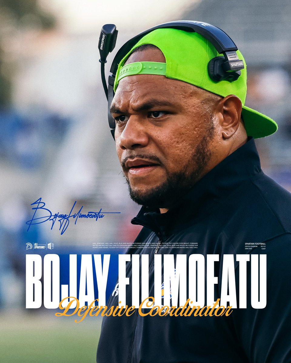 SanJoseStateFB's tweet image. It's OFFICIAL

Coach Filimoeatu is our new Defensive Coordinator

#AllSpartans | #ThisIsSparta