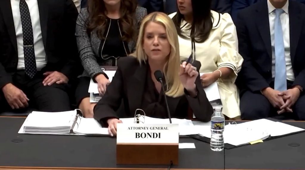 The binder in front of Pam Bondi has tabs labeled with the names of Congressional members on the judiciary committee. 

She didn’t come prepared to answer questions about Epstein. She came prepared to attack the members demanding justice for his victims.