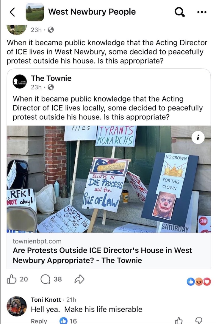 STOP what you're doing - we've got another "activist" who is attacking the ICE Director.

Meet Antoinette (Toni) Knott, who appears to work for The North Shore Realty Group.  She's from Newburyport, MA and supports doxing the ICE Director and his family - calling for more