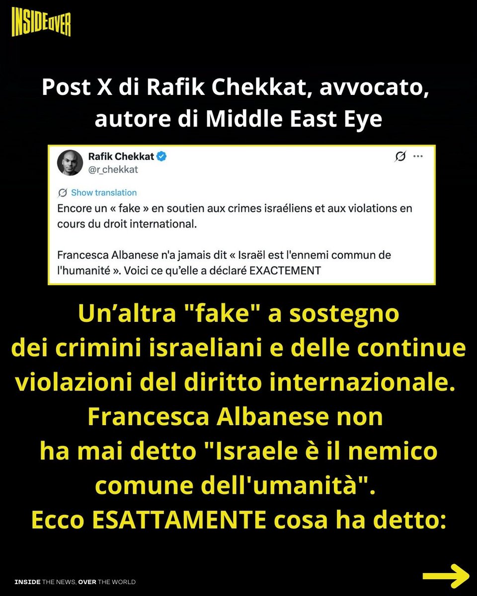 insideoverita's tweet photo. La Francia, membro permanente del Consiglio di sicurezza delle Nazioni Unite, ha annunciato che chiederà le dimissioni di Francesca Albanese, relatrice speciale dell'Onu per i Territori palestinesi occupati.

Nel mirino quelle che il ministro degli Esteri francese Jean-Noel Barrot ha definito “dichiarazioni oltraggiose”.

Sabato 7 febbraio durante una videoconferenza di Al Jazeera Forum la relatrice ONU ha dichiarato che “ora l’umanità affronta un nemico comune”.

In un post su X Francesca Albanese ha spiegato il senso delle sue dichiarazioni: “Il vero nemico comune dell'umanità è IL SISTEMA che ha reso possibile il genocidio in Palestina, compresi il capitale finanziario che lo finanzia, gli algoritmi che lo oscurano e le armi che lo rendono possibile”, riprendendo il suo rapporto “From Economy of Occupation to Economy of Genocide” sulla rete industriale e finanziaria che ha reso l’aggressione israeliana “economicamente sostenibile”.

Le dichiarazioni della relatrice ONU sono state distorte dal ministro francese che ha affermato: "La Francia condanna senza riserva alcuna le parole oltraggiose e irresponsabili della signora Albanese che prendono di mira non il governo israeliano, di cui è consentito criticare la politica, ma Israele in quanto popolo e in quanto nazione", intervenendo all'Assemblea Nazionale di Parigi.

Nel suo discorso la relatrice ONU non ha mai parlato del popolo israeliano come nemico dell’umanità.

Secondo Barrot, Albanese non può rivendicare lo status di "esperta indipendente" delle Nazioni Unite. "Non è né un'esperta né indipendente; è un'attivista politica che diffonde discorsi d'odio", ha affermato, ritenendo che le sue posizioni minino la causa palestinese che afferma di difendere.

Martedì 10 febbraio una quarantina di deputati vicini al presidente Macron – tra cui Constance Le Grip, Olivia Grégoire, Sylvain Maillard e l’ex premier Élisabeth Borne – hanno pubblicato una lettera aperta chiedendo al ministro degli Esteri di sollecitare le dimissioni di Albanese.

La richiesta, ha anticipato il ministro degli Esteri francese, verrà presentata il prossimo 23 febbraio al Consiglio dei diritti umani delle Nazioni Unite.

#francescaalbanese #onu #france