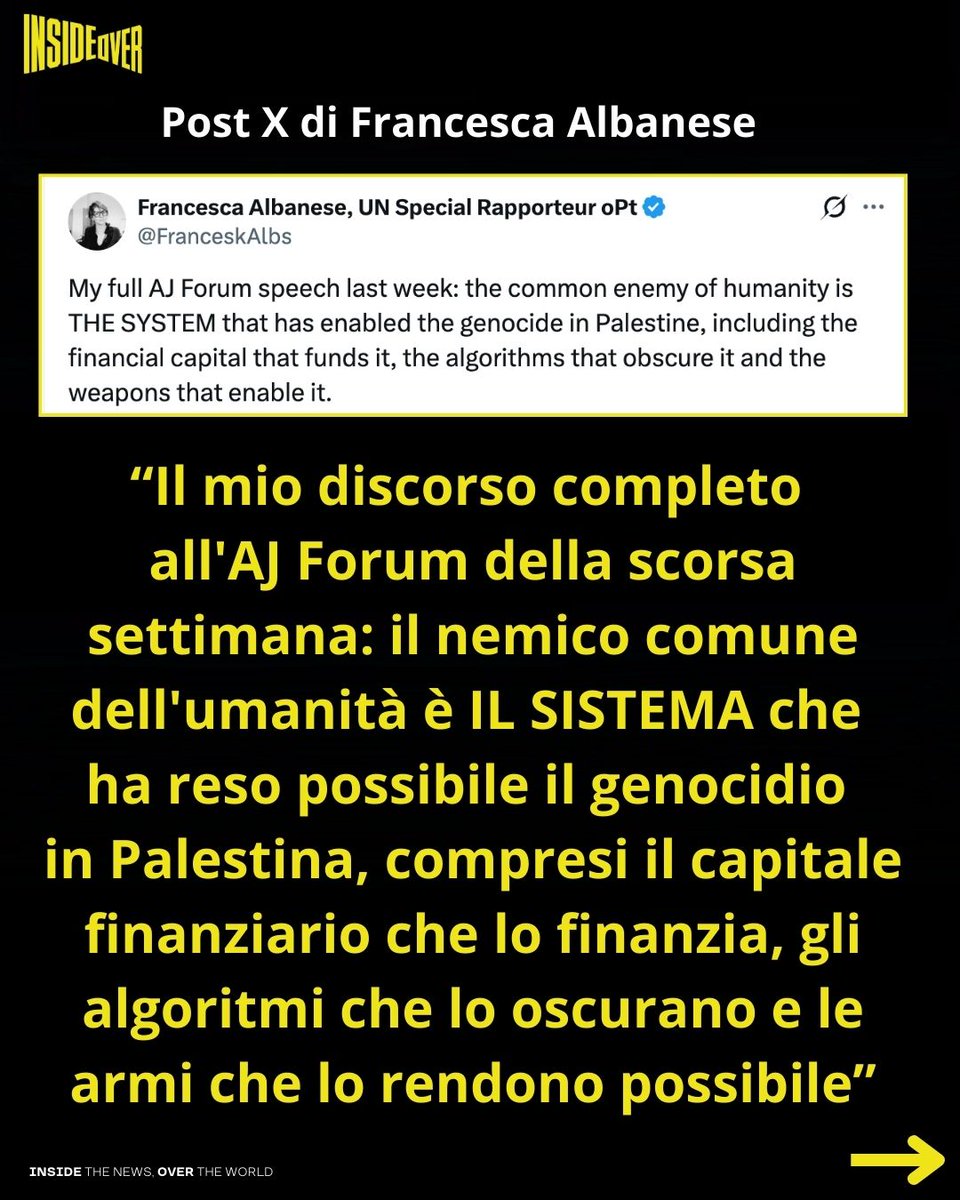 insideoverita's tweet photo. La Francia, membro permanente del Consiglio di sicurezza delle Nazioni Unite, ha annunciato che chiederà le dimissioni di Francesca Albanese, relatrice speciale dell'Onu per i Territori palestinesi occupati.

Nel mirino quelle che il ministro degli Esteri francese Jean-Noel Barrot ha definito “dichiarazioni oltraggiose”.

Sabato 7 febbraio durante una videoconferenza di Al Jazeera Forum la relatrice ONU ha dichiarato che “ora l’umanità affronta un nemico comune”.

In un post su X Francesca Albanese ha spiegato il senso delle sue dichiarazioni: “Il vero nemico comune dell'umanità è IL SISTEMA che ha reso possibile il genocidio in Palestina, compresi il capitale finanziario che lo finanzia, gli algoritmi che lo oscurano e le armi che lo rendono possibile”, riprendendo il suo rapporto “From Economy of Occupation to Economy of Genocide” sulla rete industriale e finanziaria che ha reso l’aggressione israeliana “economicamente sostenibile”.

Le dichiarazioni della relatrice ONU sono state distorte dal ministro francese che ha affermato: "La Francia condanna senza riserva alcuna le parole oltraggiose e irresponsabili della signora Albanese che prendono di mira non il governo israeliano, di cui è consentito criticare la politica, ma Israele in quanto popolo e in quanto nazione", intervenendo all'Assemblea Nazionale di Parigi.

Nel suo discorso la relatrice ONU non ha mai parlato del popolo israeliano come nemico dell’umanità.

Secondo Barrot, Albanese non può rivendicare lo status di "esperta indipendente" delle Nazioni Unite. "Non è né un'esperta né indipendente; è un'attivista politica che diffonde discorsi d'odio", ha affermato, ritenendo che le sue posizioni minino la causa palestinese che afferma di difendere.

Martedì 10 febbraio una quarantina di deputati vicini al presidente Macron – tra cui Constance Le Grip, Olivia Grégoire, Sylvain Maillard e l’ex premier Élisabeth Borne – hanno pubblicato una lettera aperta chiedendo al ministro degli Esteri di sollecitare le dimissioni di Albanese.

La richiesta, ha anticipato il ministro degli Esteri francese, verrà presentata il prossimo 23 febbraio al Consiglio dei diritti umani delle Nazioni Unite.

#francescaalbanese #onu #france