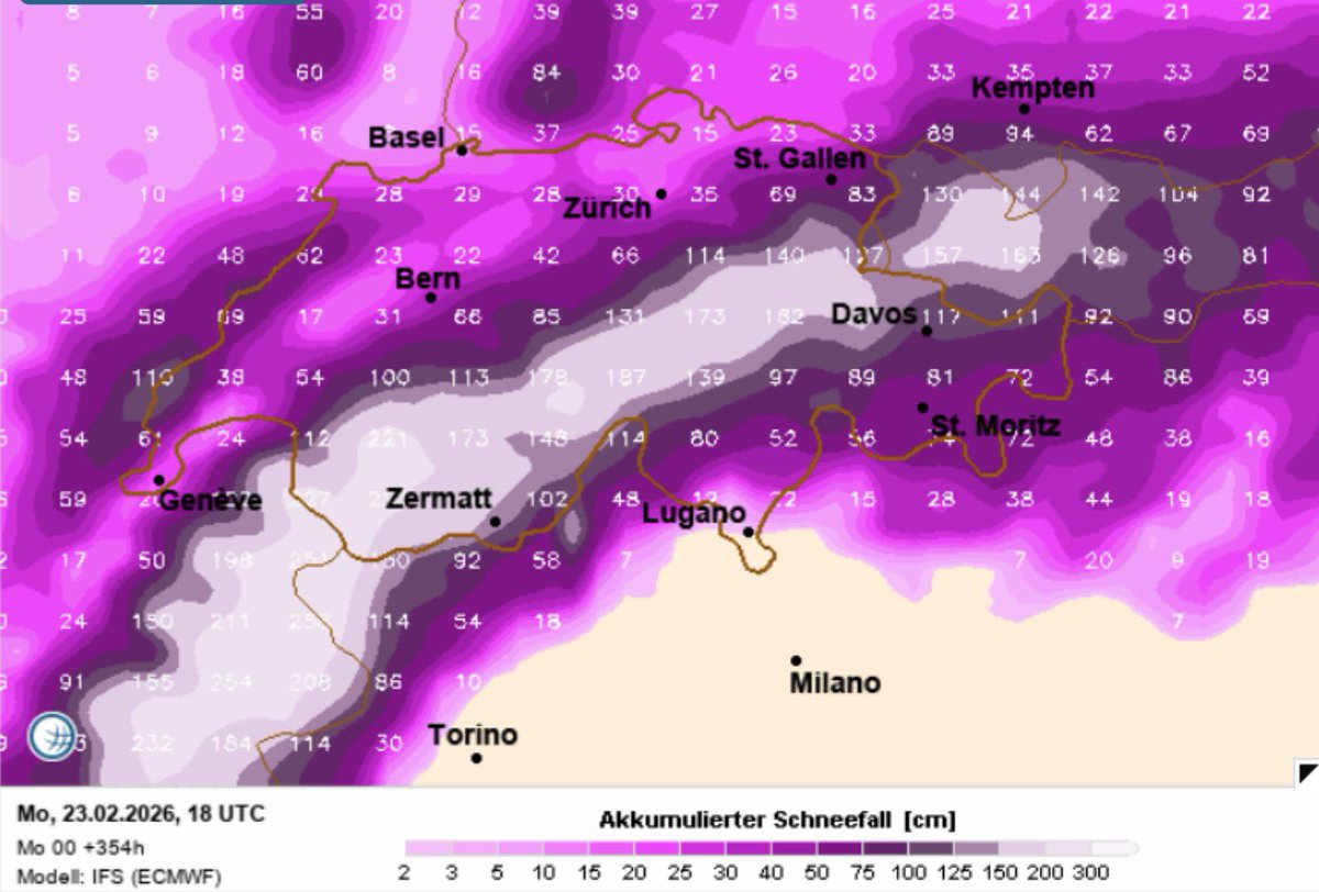 Geforceerde stuwing op ramkoers richting de Franse en noordwestelijke Zwitserse Alpen. Er valt hogerop lokaal een dikke 2,5 m! ❄️☃️❄️ #sneeuw