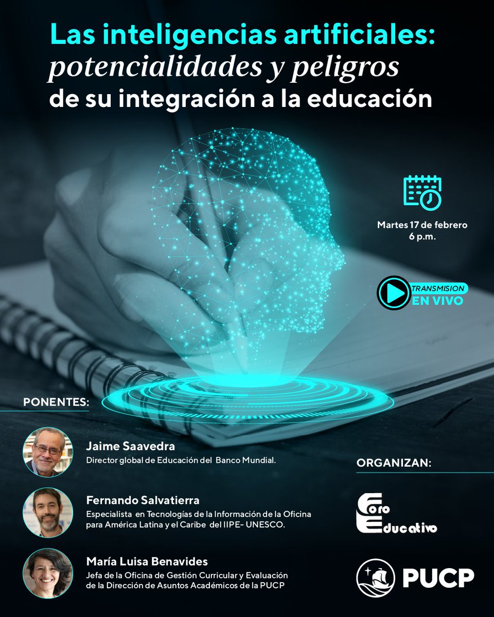 📣 IA y educación: oportunidades y desafíos

La inteligencia artificial está transformando la enseñanza y el aprendizaje. Participa en este seminario web organizado por Foro Educativo y la Pontificia Universidad Católica del Perú, y reflexiona sobre las potencialidades y riesgos