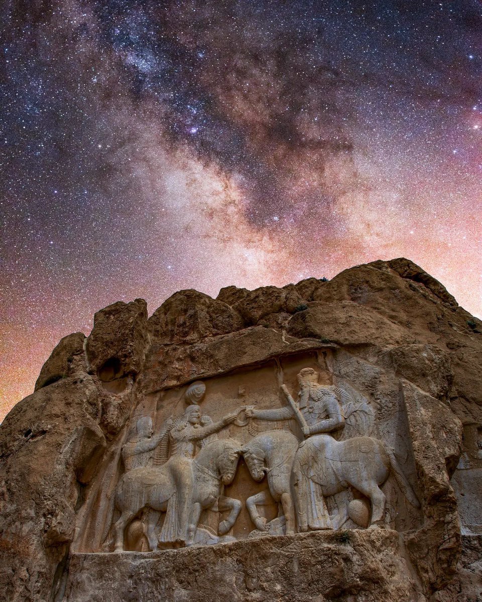 ShahanshahCyrus's tweet photo. Shot of an ancient Iranian rock relief under a starry sky.

It shows the founder of the Sassanian dynasty, Ardeshir I, receiving the ring of kingship. https://t.co/gPZ4DSIF6J