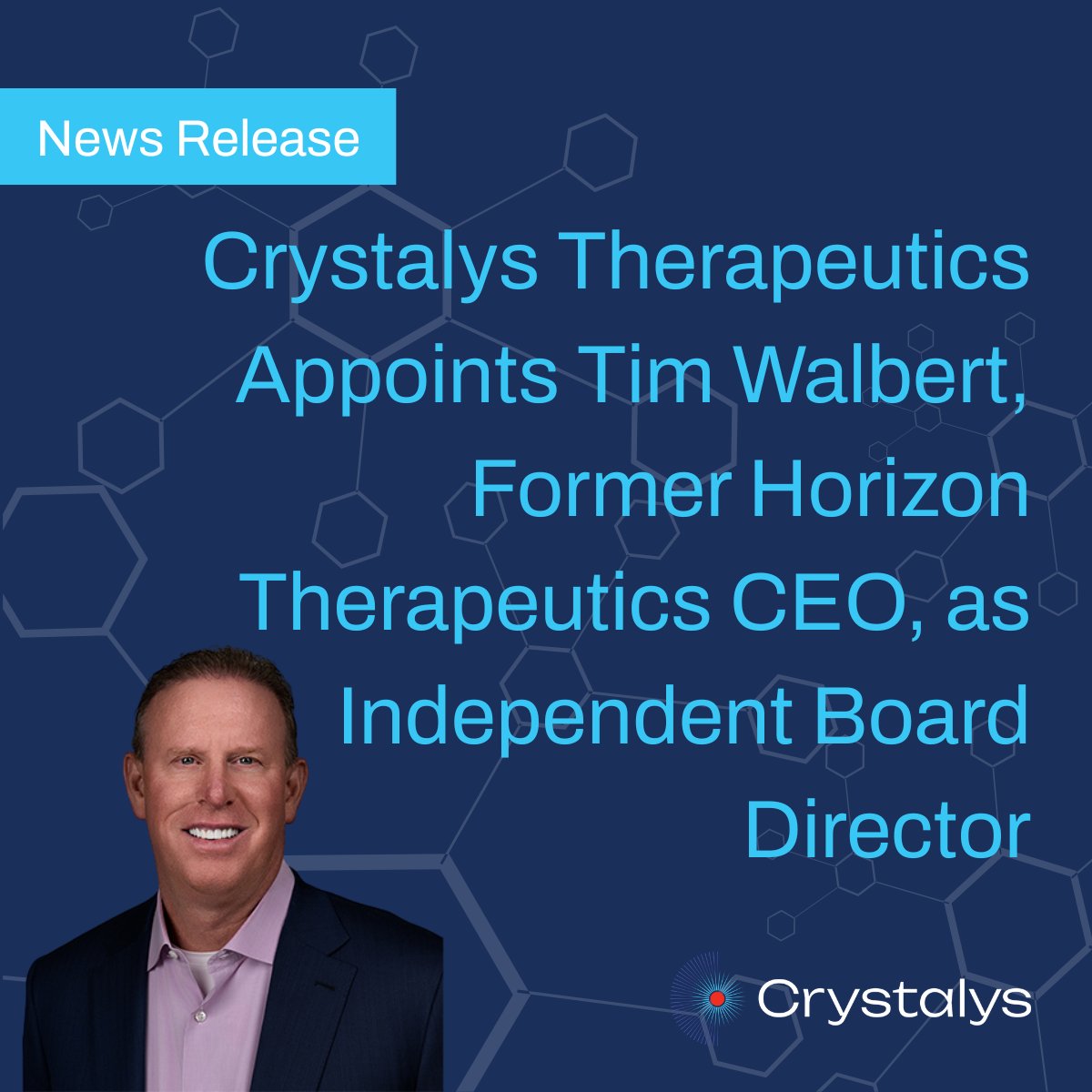 Crystalys_Tx's tweet photo. Former Chairman, President, and CEO of Horizon Therapeutics, Tim Walbert, has joined us as an Independent Director. Please join us in welcoming Tim as he supports our next stages of clinical development and readiness for commercialization of Dotinurad! https://t.co/KQkcEkFl75 https://t.co/b3F0dO84oh