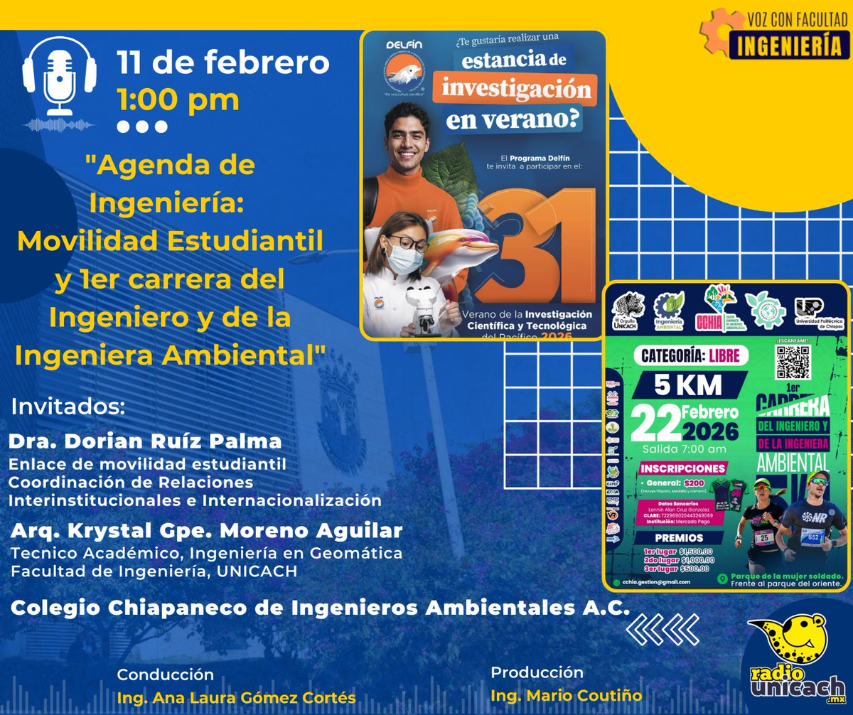 #VCF #Ingenierías
Conduce: Ing. Ana Laura Gómez Cortés.
Tema: “Agenda de Ingeniería: Movilidad Estudiantil y 1er carrera del Ingeniero y de la Ingeniería Ambiental”
Invitados: Dra. Dorian RuÍz Palma
Enlace de Movilidad Estudiantil
Coordinación de Relaciones Interinstitucionales