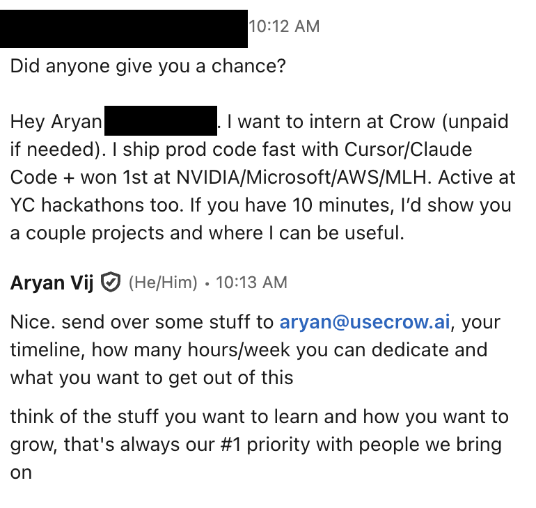 The emotional angle does work sometimes.

Out of 100+ DMs, this one stopped me:
"Did anyone give you a chance?"

It hit because I remember being in this guy's shoes. And I remember the few people who believed in me and gave me a chance. They're the reason I'm here today.

Sorry