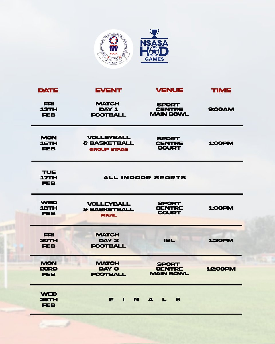 nsasaunilag_'s tweet photo. Mark your calendars because the awaited H.O.D games have finally released a schedule!
De Socialites, De Catalysts, Trojans and Luminaries await you on the field!
#NSASA #HODGAMES https://t.co/kzgzEV3qzg