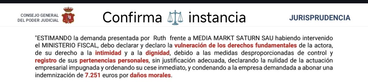 caty_pou's tweet image. 📌 STSJPV 336/2026, 27.01
✅ Vulneración de los d° fundamentales #intimidad #dignidad 🟡 La empleadora ha obligado diariamente a la trabajadora al registro de sus pertenencias personales (bolso, IMEI de su móvil).
💥 Daños morales: 7.251€
👨🏼‍⚖️ Lajo González poderjudicial.es/search/AN/open…