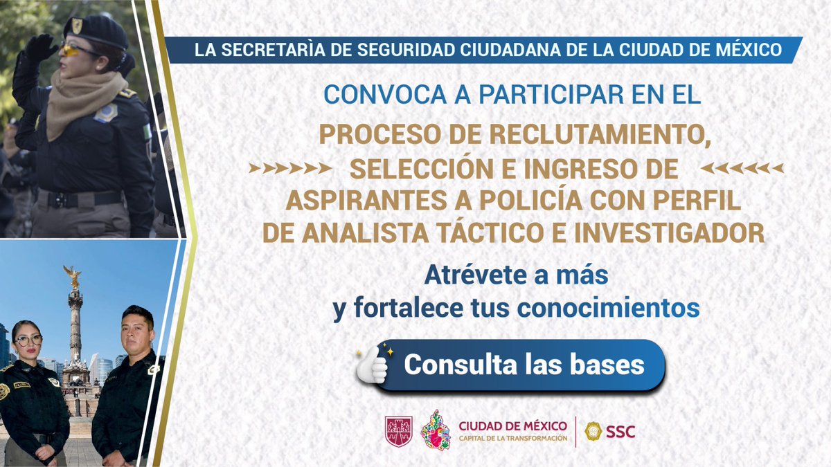 #CONVOCATORIA |  La #SSC abre su convocatoria para el proceso de reclutamiento, selección e ingreso para aspirantes a #Policía con perfil de #AnalistaTáctico e #Investigador.
Conoce los requisitos 👉🏼 acortar.link/czSxTl