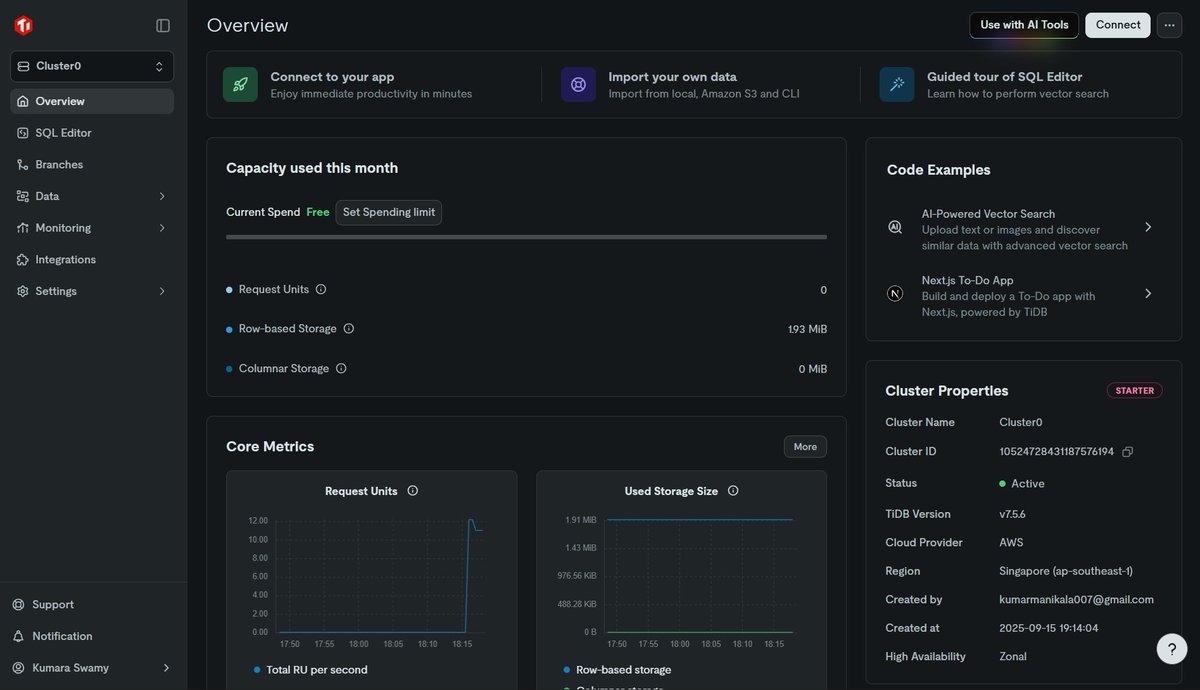 Kum4rX__'s tweet photo. Just launched my first serverless cluster on TiDB Cloud! The process was smooth, and itโs a great way to explore distributed SQL. Thanks @PingCAP for making scaling so accessible. Excited to learn more!
#TiDB #CloudDatabase https://t.co/Pm0JjDWa0p