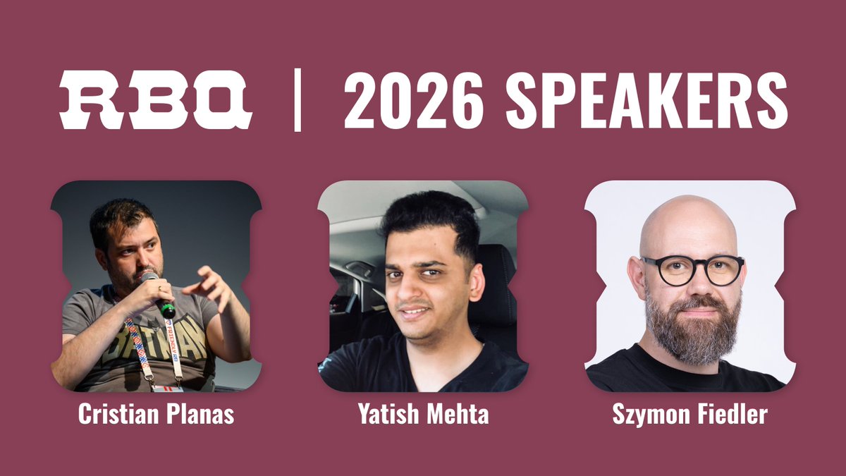 This week’s RBQ Conf speaker highlights:

Cristian Planas
Yatish Mehta
Szymon Fiedler

Community Pricing remains available for teams, students, and folks who are Open to Work.

rbqconf.com
