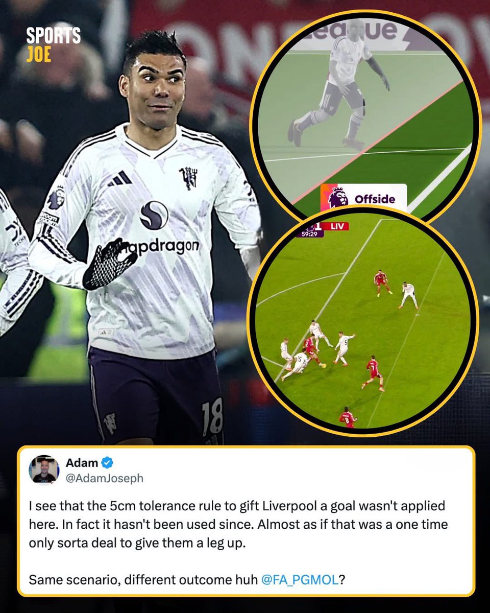 FootballJOE's tweet image. Fans are questioning why Casemiro's strike against West Ham last night was ruled out for offside, when a very similar goal — scored by Florian Wirtz against Fulham in January— was permitted 👀

Since 2021 in the Premier League, there has been a 5cm tolerance in place, which means…