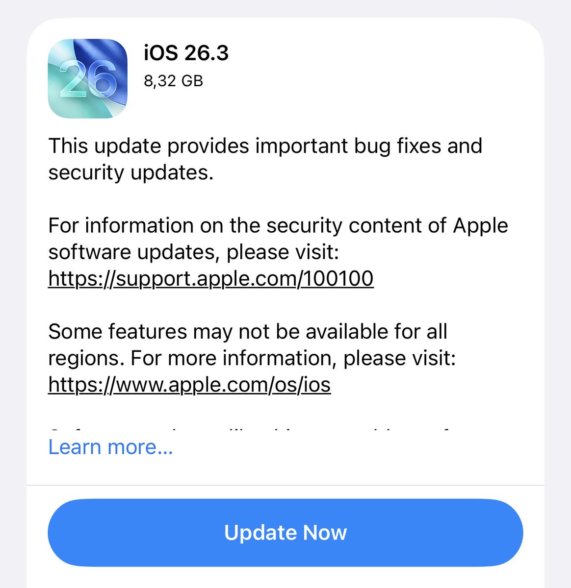 🚨 iOS 26.3 IS OUT.
8.32 GB update.
Bug fixes.
Security patches.
Stability improvements.
Apple took their time…
Now the real question —
Is it smoother?
Battery better? 🔋
Drop your review below 👇
#iOS263 #iOS26 #Apple #iPhone #AppleUpdate #TechTwitter #iPhoneUpdate
