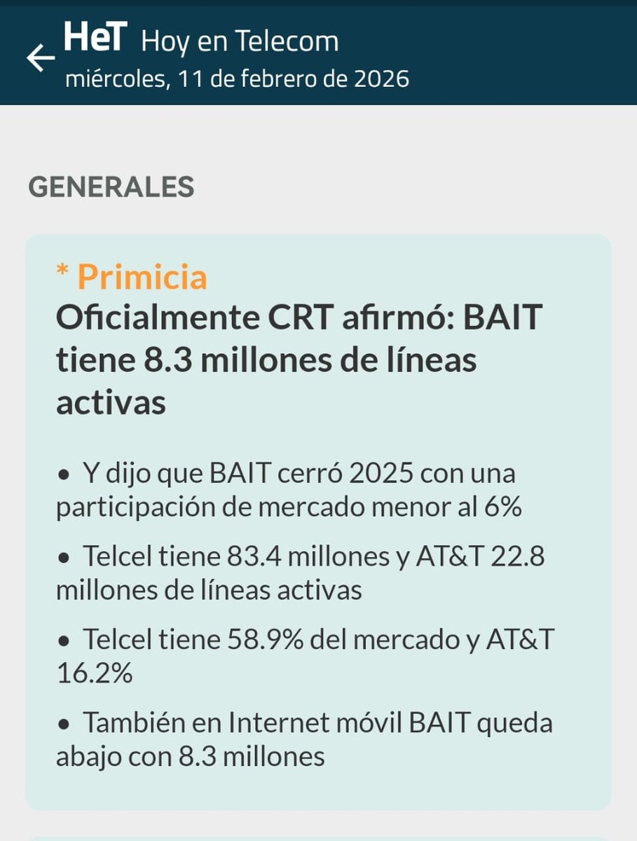 HoyenTelecom's tweet image. .#PRIMICIA 

Oficialmente @CRTGobMx dijo: 
Telcel tiene 83.4 millones de líneas activas

AT&amp;amp;T 22.8 millones

Telefónica Movistar 20.7

Y en un lejano 4º sitio, BAIT, con 8.3 millones

En una semana BAIT dirá que tiene entre ~25.3 a 25.7 millones de líneas “activas”.