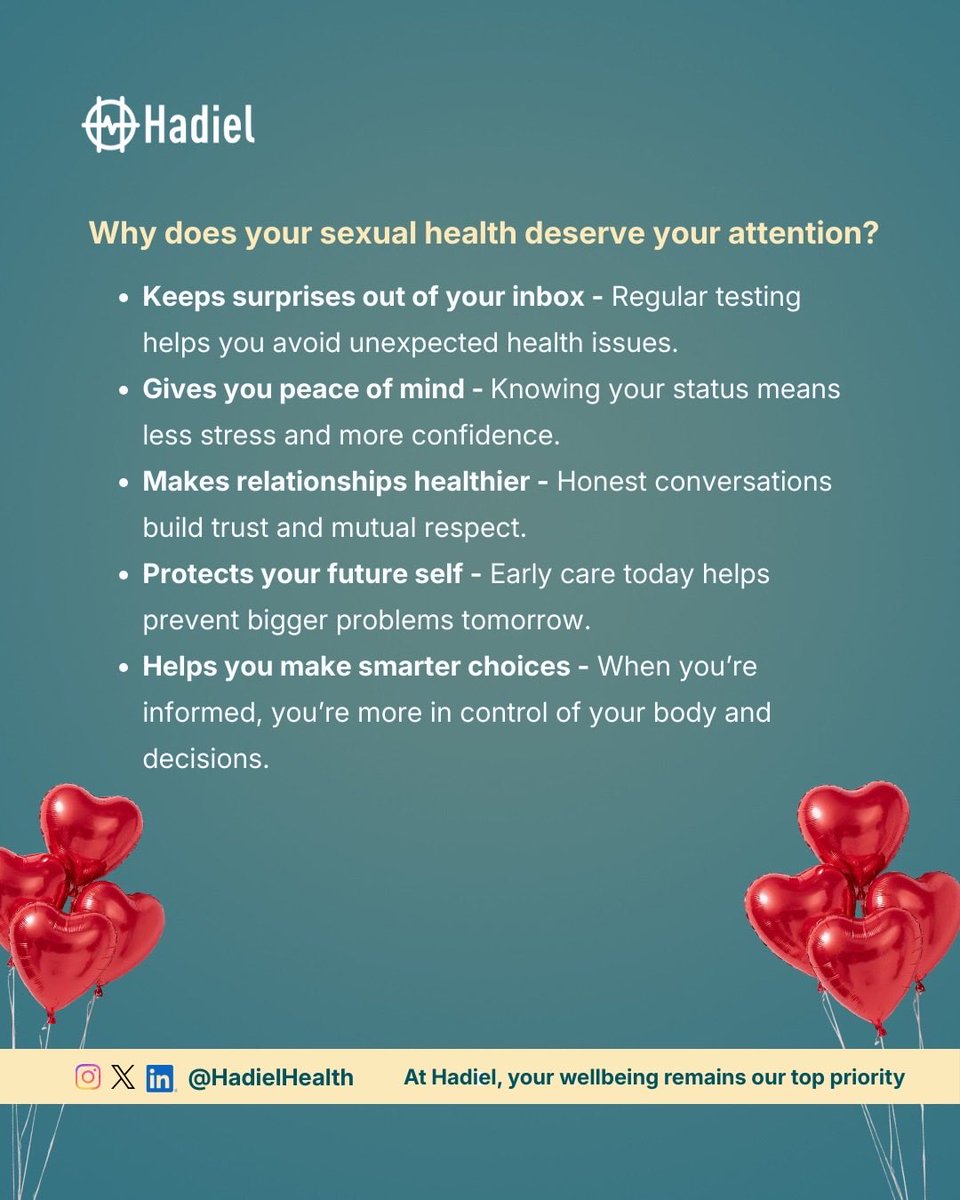 Hadielhealth's tweet photo. When you prioritise your sexual wellbeing, you protect your overall health and peace of mind 
Choose safety. Choose respect. Choose you.

#Hadiel #SexualHealth #ConsentMatters  #Wellness https://t.co/wvKcat7i8I