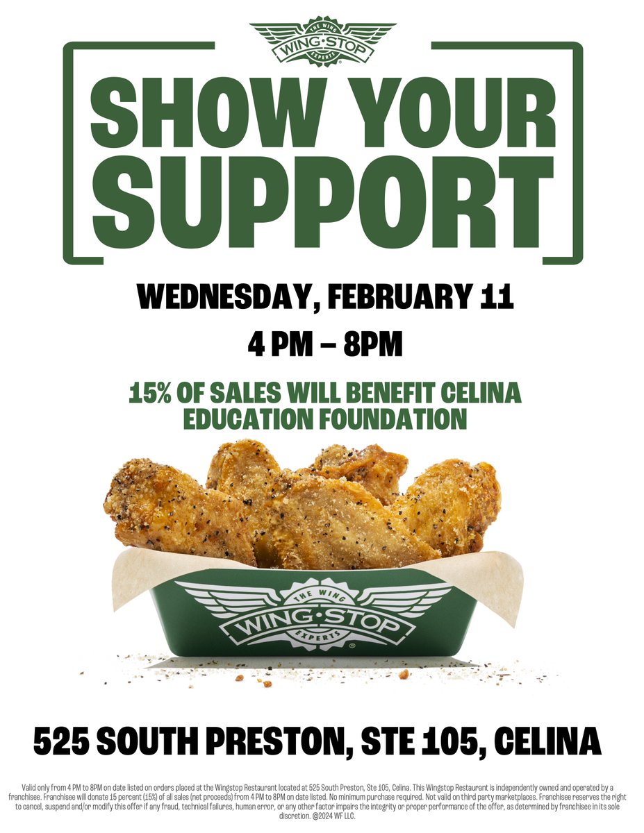 CelinaISD's tweet photo. Got dinner plans tonight? 🍗 Make them count!

📍 Wingstop
📅 Wednesday, February 11
⏰ 4–8 PM

15% of sales will benefit the Celina Education Foundation.
Grab some wings and support local education! https://t.co/gOqA6v4Ng7